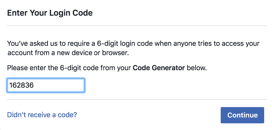 facebook login code required