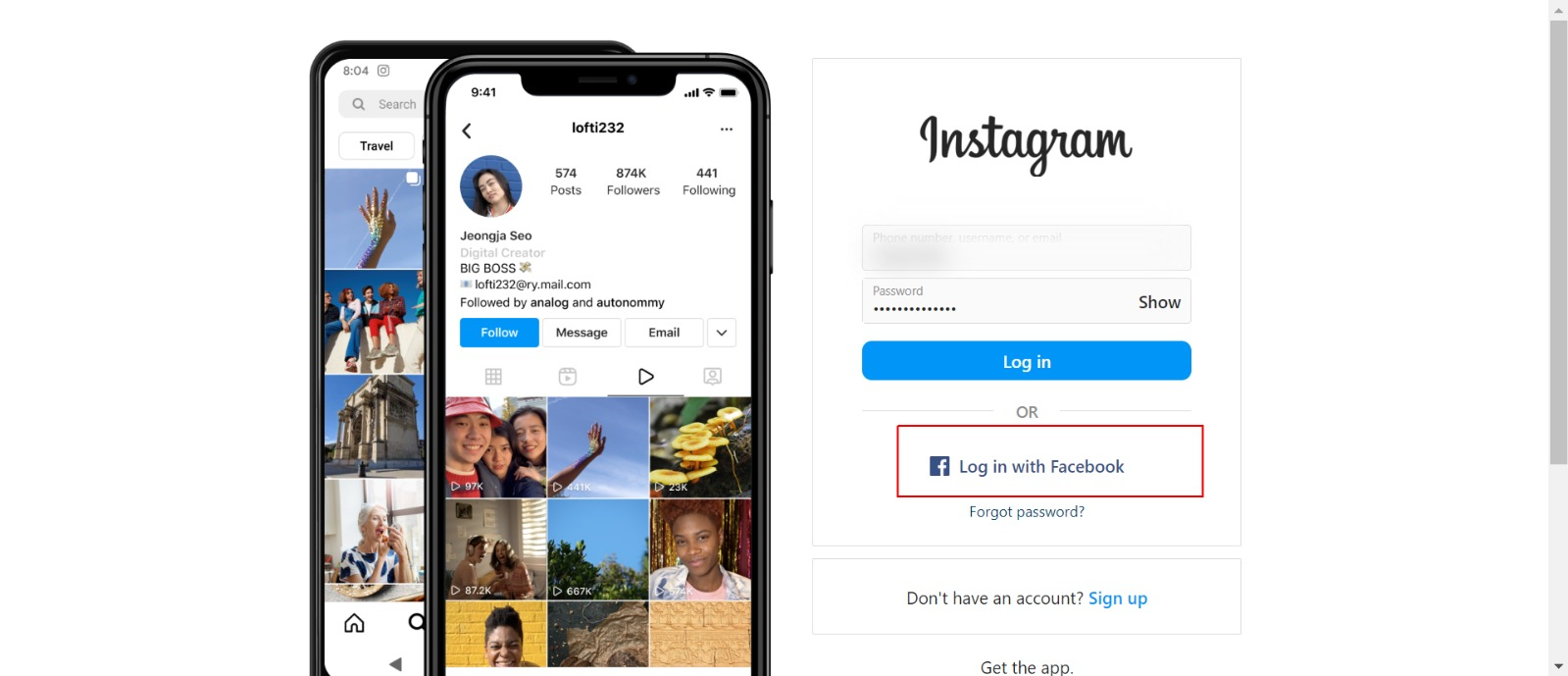 Instagram login with facebook