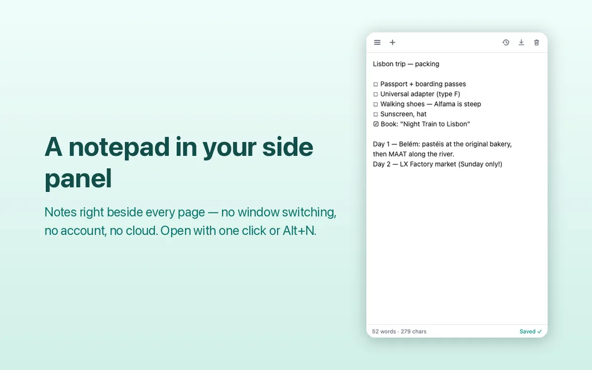 Evergreen Notepad open in the Chrome side panel next to a webpage, showing the note editor and autosave