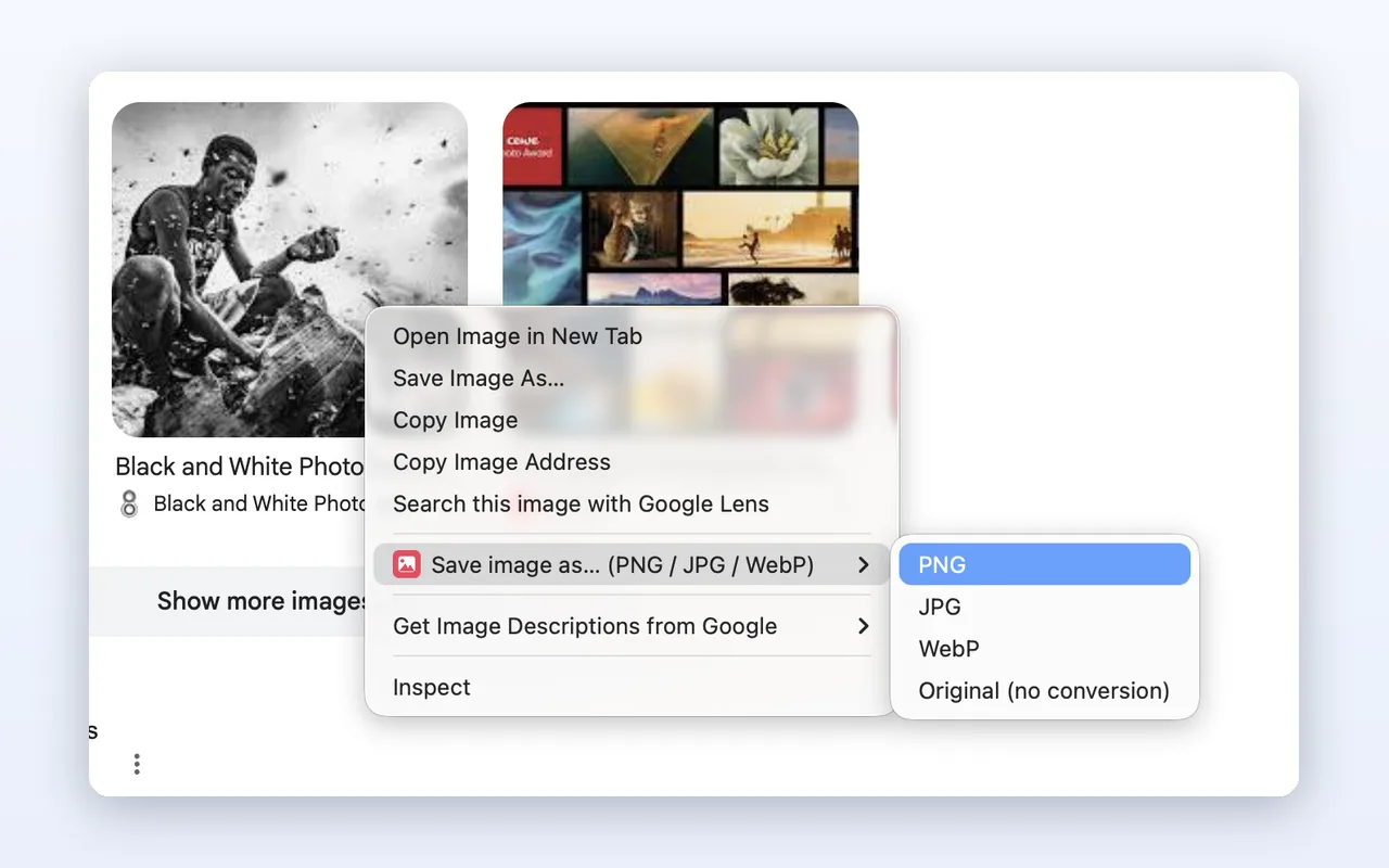 Chrome right-click menu with the Local Image Saver option: Save image as PNG, JPG, or WebP