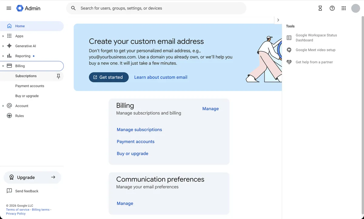 Google Admin console home with the Billing menu expanded to show Subscriptions