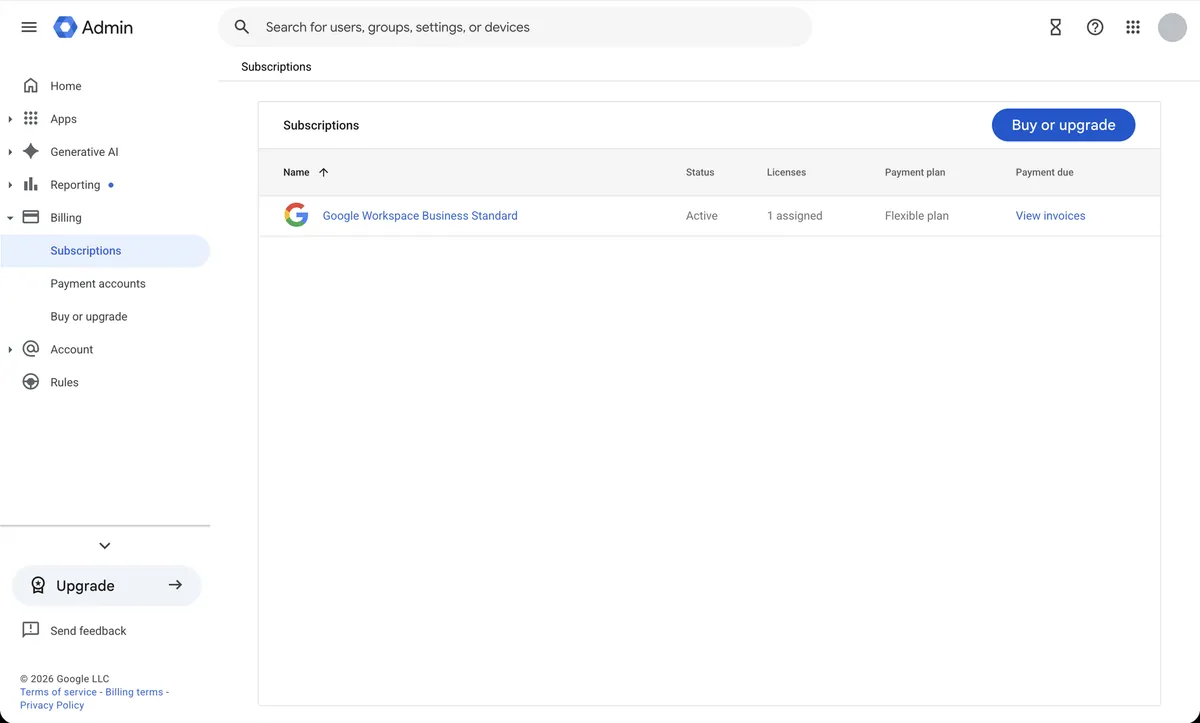 Subscriptions list showing Google Workspace Business Standard on the Flexible plan