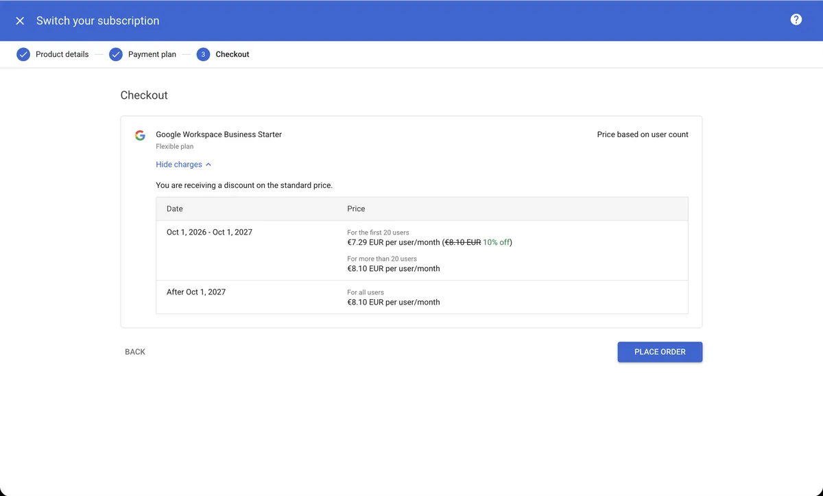 Checkout step showing Business Starter on the Flexible plan with the Place Order button