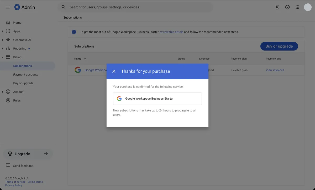Thanks for your purchase confirmation for Google Workspace Business Starter