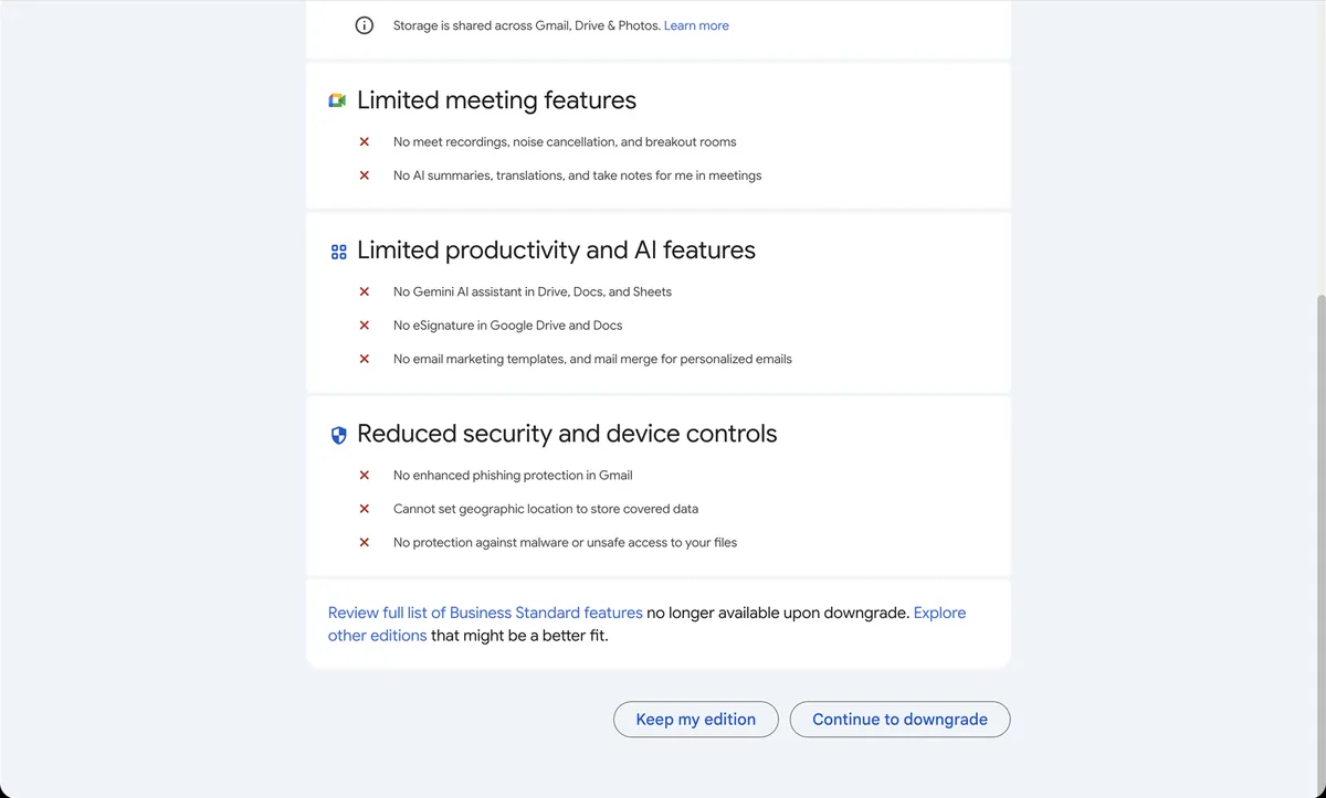 Rest of the downgrade warning with the Keep my edition and Continue to downgrade buttons