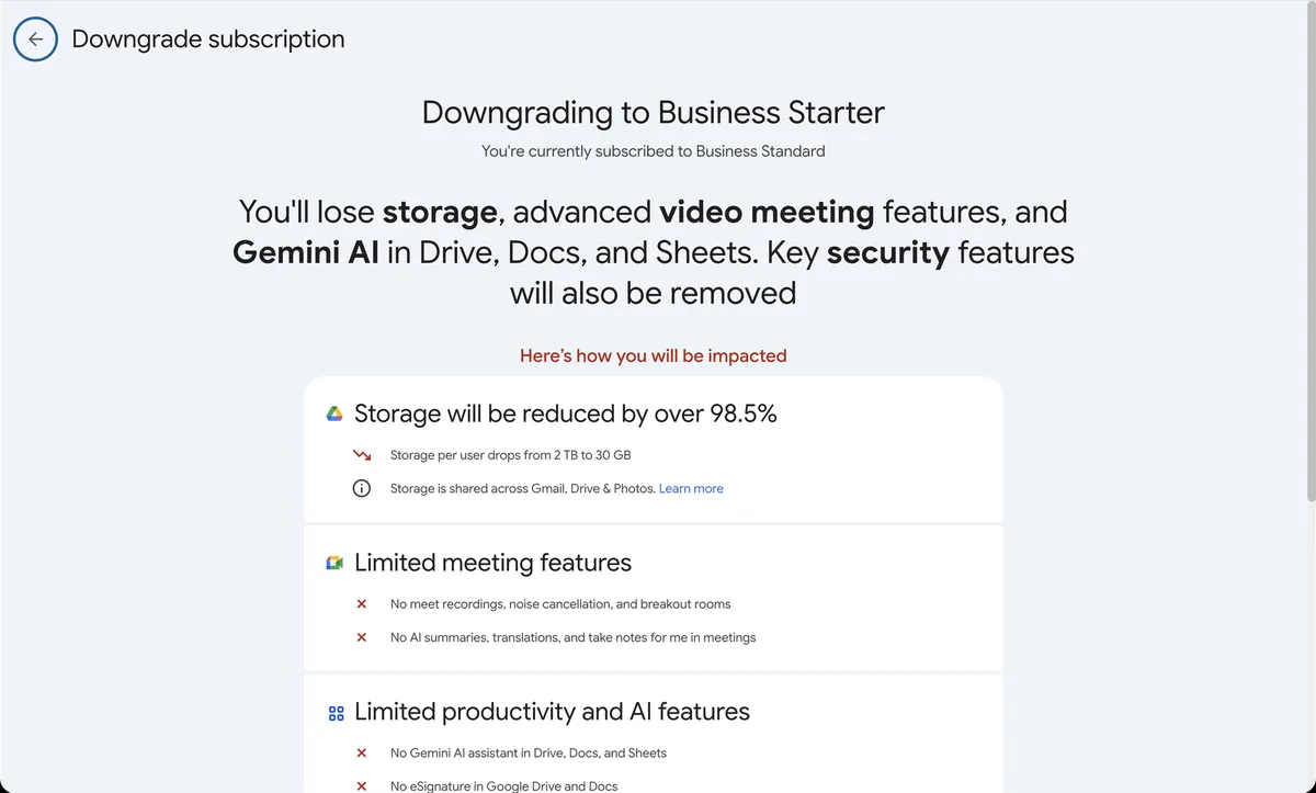 Downgrade warning: storage reduced by over 98.5%, from 2 TB to 30 GB per user