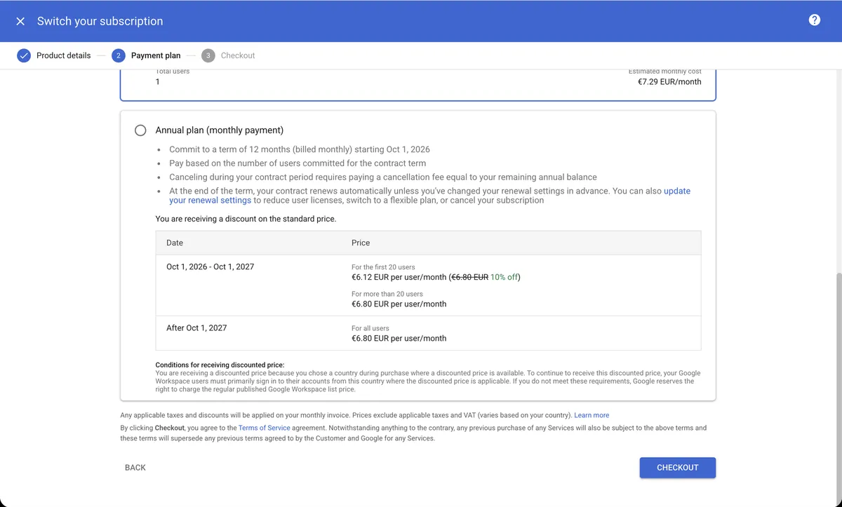 Annual plan option with its 12-month commitment terms and the Checkout button
