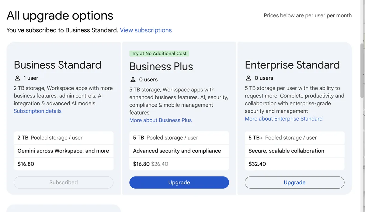 Google Workspace upgrade options page listing only Business Standard, Business Plus and Enterprise Standard