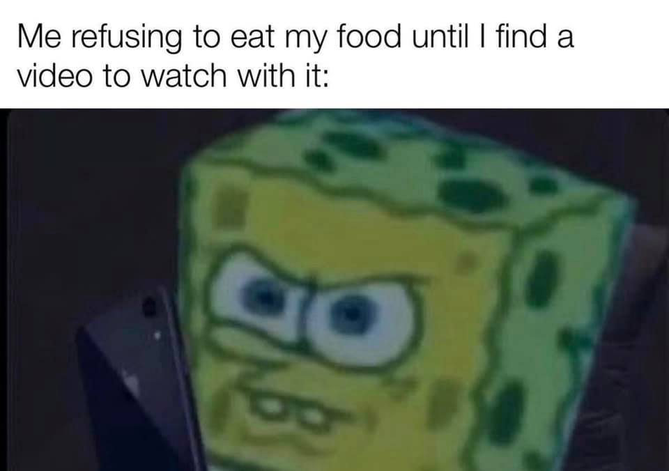 A meme of text that says - me refusing to eat my food until i fin d a video to watch with it 