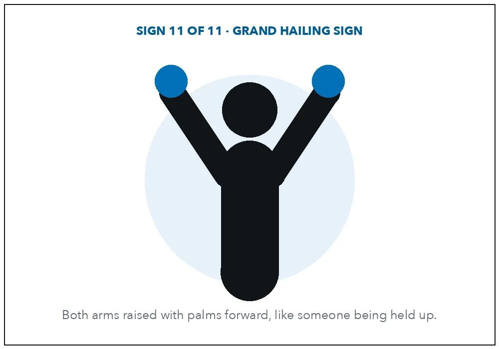 Diagram of the Grand Hailing Sign of Distress: both arms raised with palms forward
