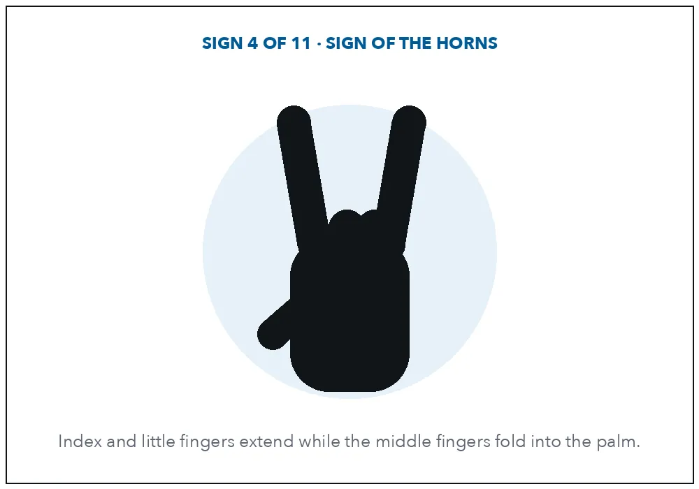 Diagram of the sign of the horns: index and little fingers extended, middle fingers folded