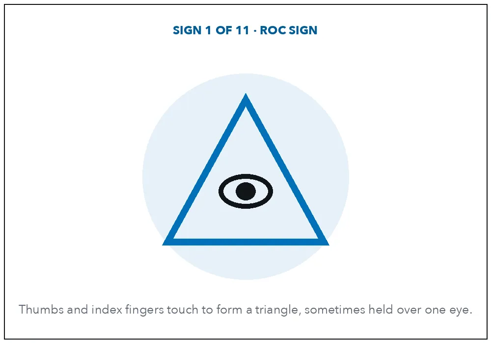 Diagram of the Roc sign: a triangle formed by touching thumbs and index fingers, with an eye at the centre