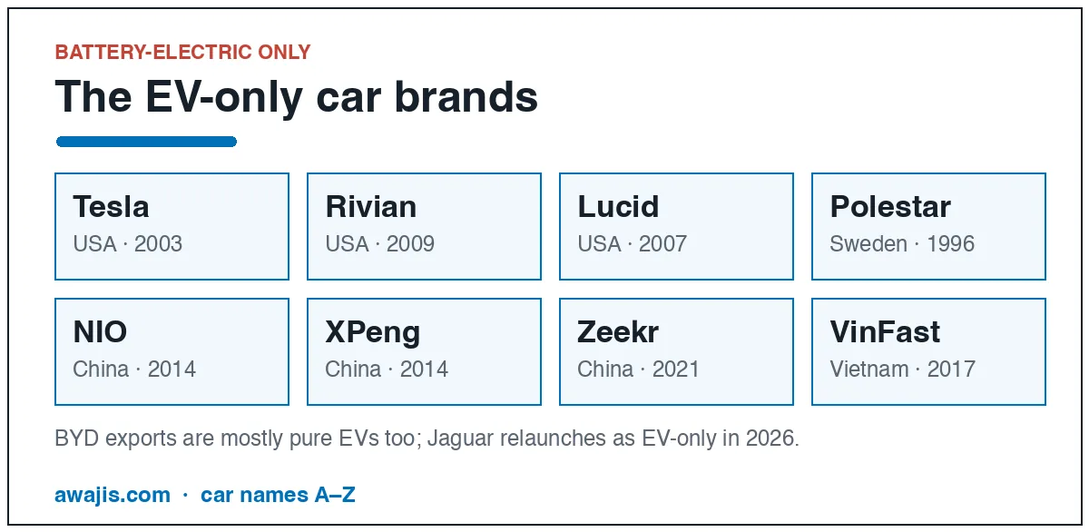 EV-only car brands: Tesla, Rivian, Lucid, Polestar, NIO, XPeng, Zeekr, VinFast, with country and founding year